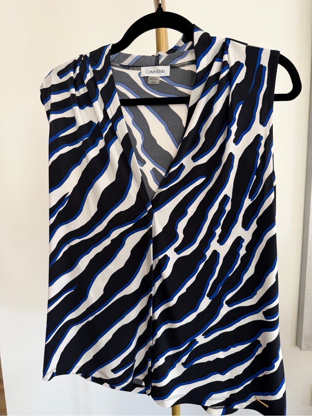 336. Calvin Klein Blue & Black Zebra-Print Sleeveless V-Neck Top